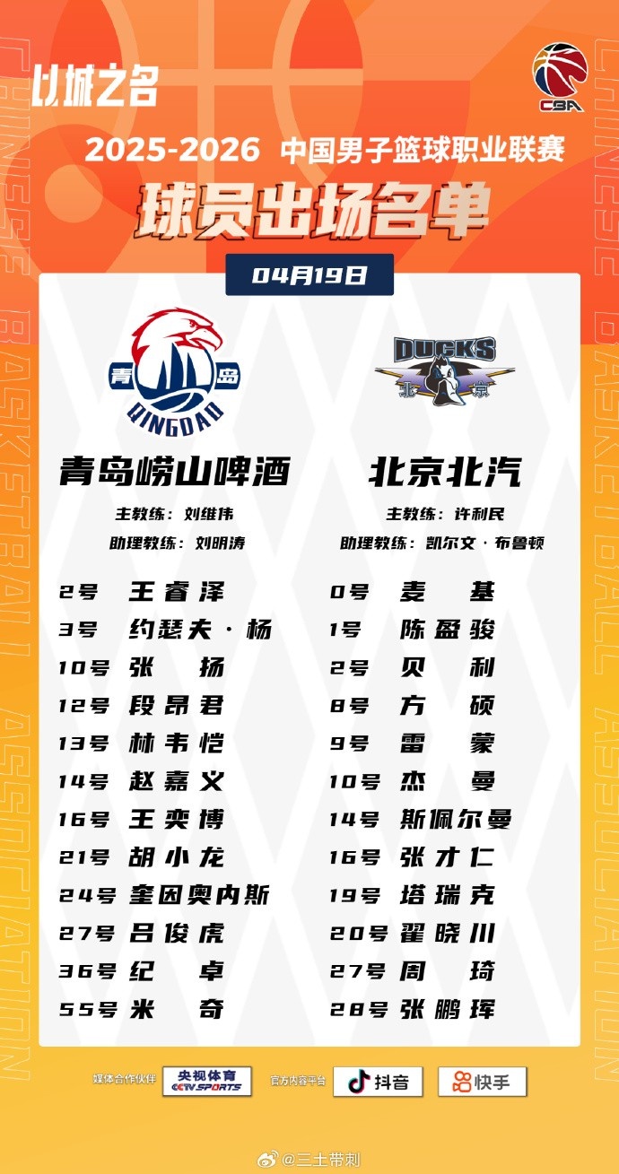 开云体育在线-青岛VS北京大名单：基诺内斯将迎首秀 麦基&amp;周琦出战 范子铭轮休
